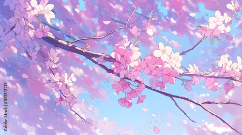 Pink cherry blossom branch in anime style