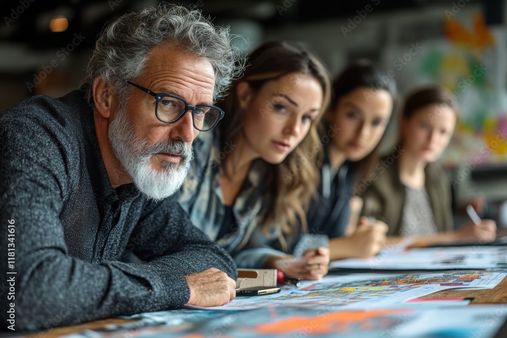 Fototapeta premium A diverse group of confident business professionals engaged in a collaborative meeting, actively participating in strategic planning. A business speaker delivering a powerful keynote address