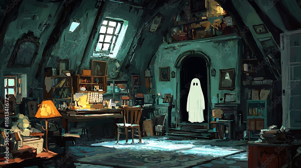 A ghostly figure stands in the doorway of a dimly lit attic workspace, filled with antique furniture and personal belongings. A ghostly figure stands in the doorway of a dimly lit attic workspace, filled with antique furniture and personal belongings.