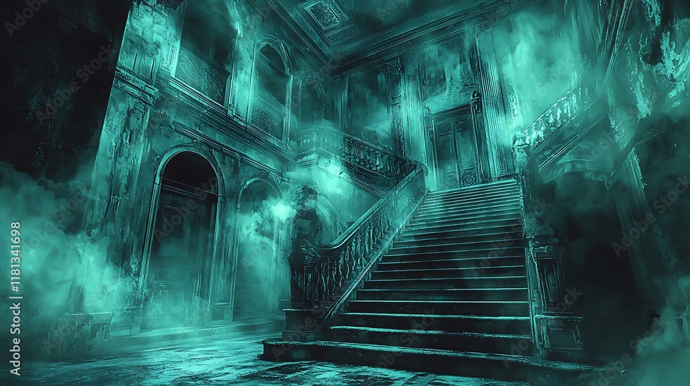 Fototapeta premium Eerie teal-toned digital painting of a grand, ghostly staircase in a decaying mansion.