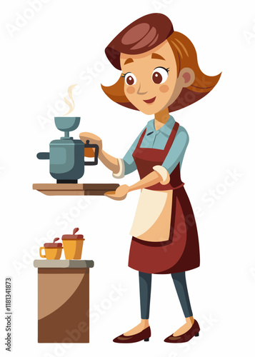 Female barista in uniform making coffee using professional machine.