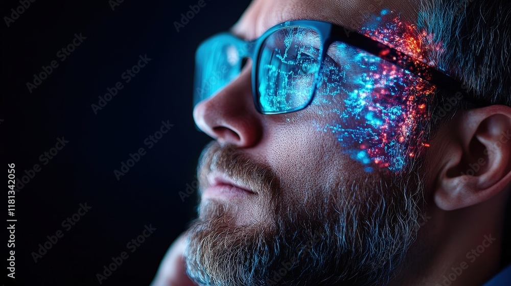 This image features a thoughtful man, showcasing digital visuals and colors reflected in his glasses, embodying the fusion of technology and human contemplation in modern life. This image features a thoughtful man, showcasing digital visuals and colors reflected in his glasses, embodying the fusion of technology and human contemplation in modern life.