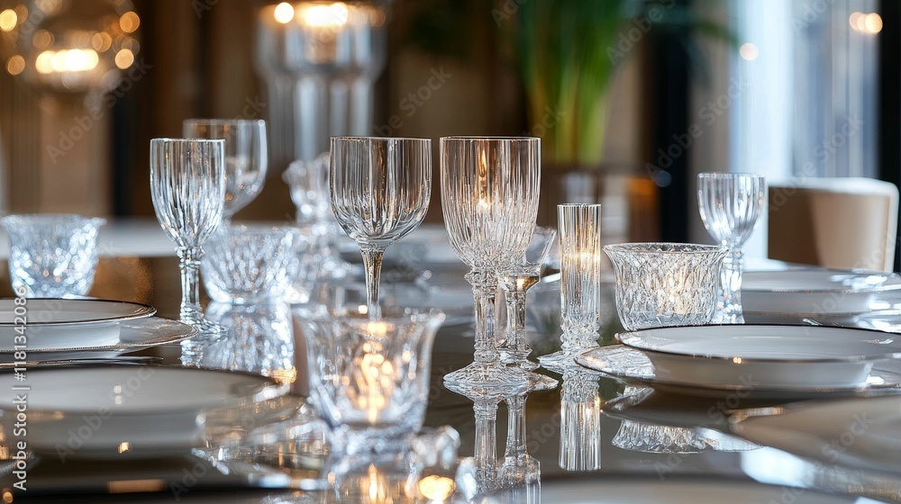 Fototapeta premium Elegant glassware, plates, candlelight, table setting.