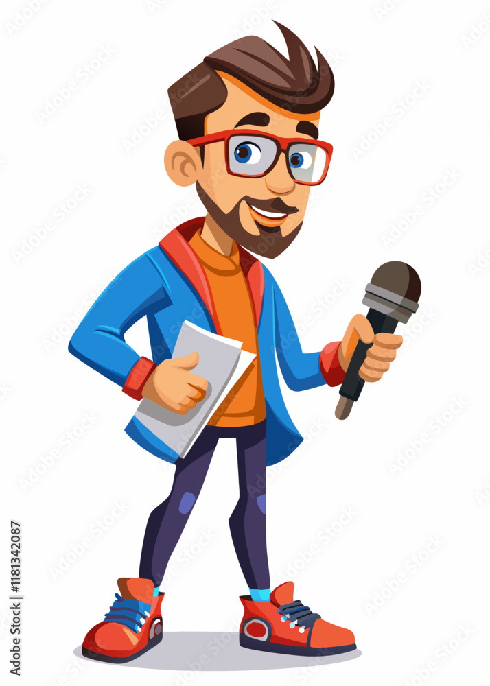 Male journalist holding notes with a microphone, reporting news. Young male reporter in professional attire, covering live events and breaking news. Male journalist holding notes with a microphone, reporting news. Young male reporter in professional attire, covering live events and breaking news.