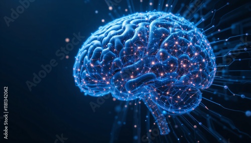 A 3D digital brain rendering is shown on a dark blue background, representing artificial intelligence and neural network technology.