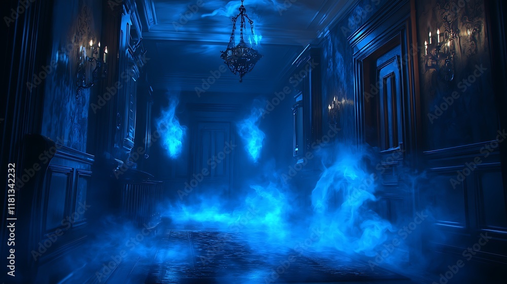 Eerie Blue Fog Envelops a Dark, Mysterious Hallway in an Old Mansion. Eerie Blue Fog Envelops a Dark, Mysterious Hallway in an Old Mansion.