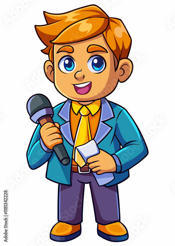 Kawaii Cartoon journalist holding notes with a microphone, reporting news. 