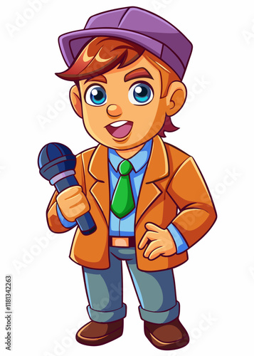 Kawaii Cartoon journalist holding notes with a microphone, reporting news. 