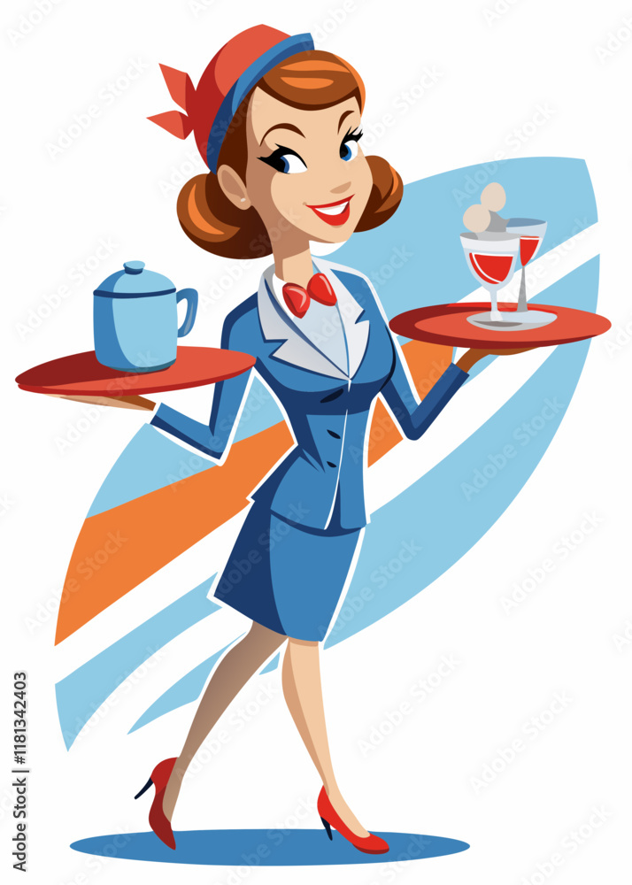 Fototapeta premium Elegant female flight attendant in uniform serving drinks to passengers. Professional airline stewardess providing in-flight service with a warm smile.