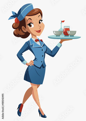Una elegante azafata uniformada sirve bebidas a los pasajeros. Una azafata profesional ofrece servicio a bordo con una cálida sonrisa.
