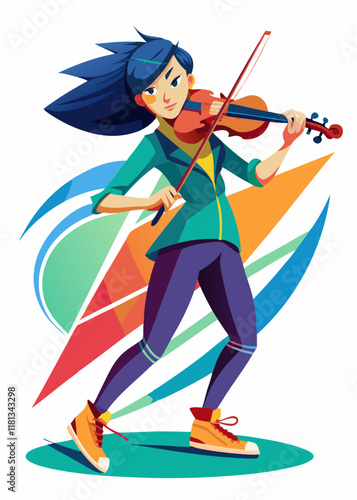 Female musician playing classical violin in studio. Young woman performing on string instrument isolated on white background. Elegant violinist practicing music, artistic talent in modern outfit.

