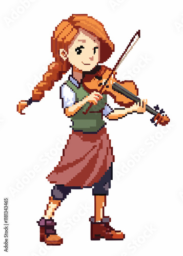 Pixelated Female musician playing violin , Isolated Character