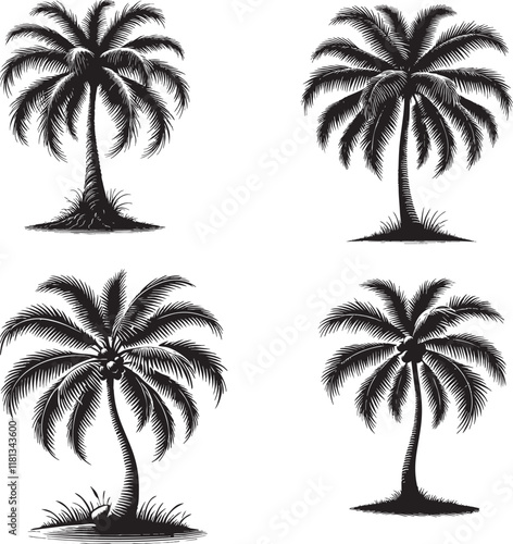 Elegant Silhouettes of the Coconut Tree Isolated on a White Background in Monochrome Art Style"