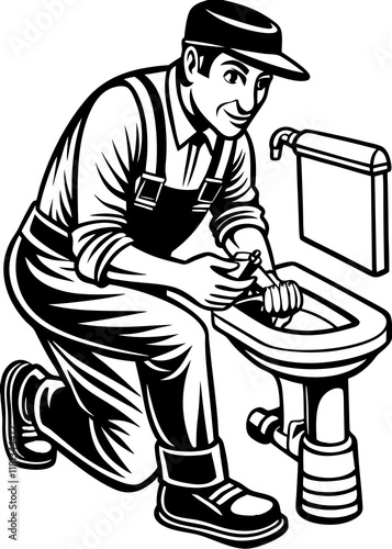 Line Art Of plumber fixing sink pipe. Plumber Character Vector.