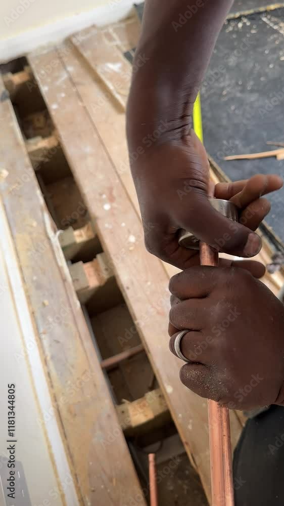 Vertical video. Black plumber cutting copper pipe using manual cutter and deburring sharp edge of tube indoors, close-up. Vertical video. Black plumber cutting copper pipe using manual cutter and deburring sharp edge of tube indoors, close-up.