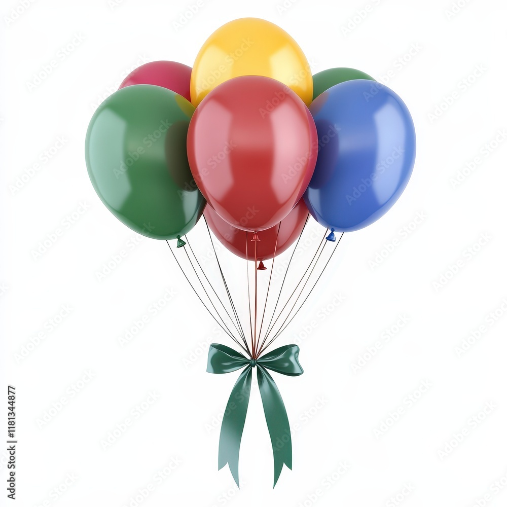 Bright Colorful Balloons in Green Ribbon with Red Yellow Blue and Green Shades Bright Colorful Balloons in Green Ribbon with Red Yellow Blue and Green Shades