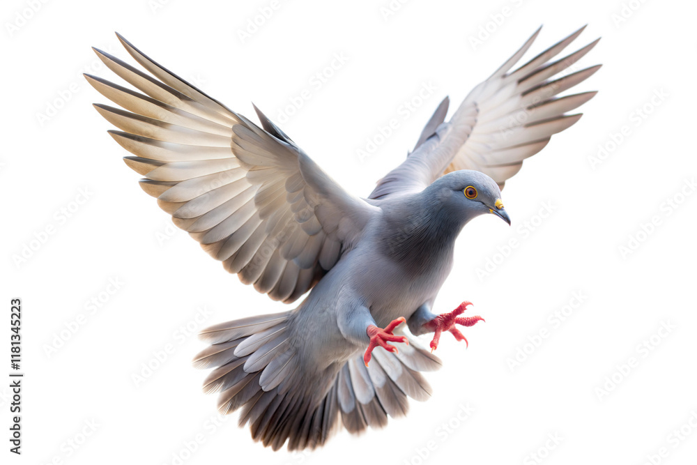 Fototapeta premium Beautiful blue pigeon in mid-flight displaying vibrant feathers with outstretched wings against a transparent background