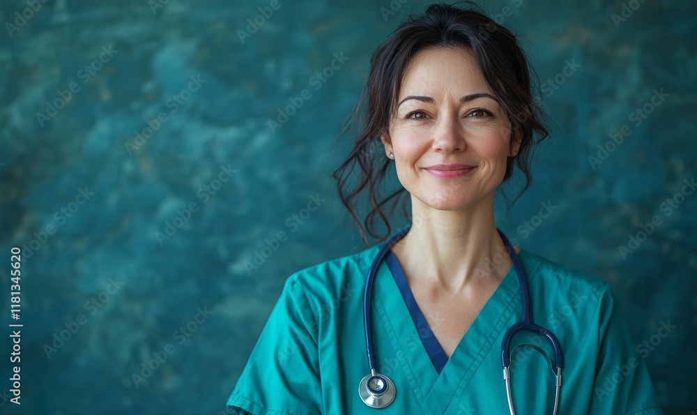 Friendly medical doctor or nurse in blue uniform scrubs on copyspace background., Generative AI Friendly medical doctor or nurse in blue uniform scrubs on copyspace background., Generative AI
