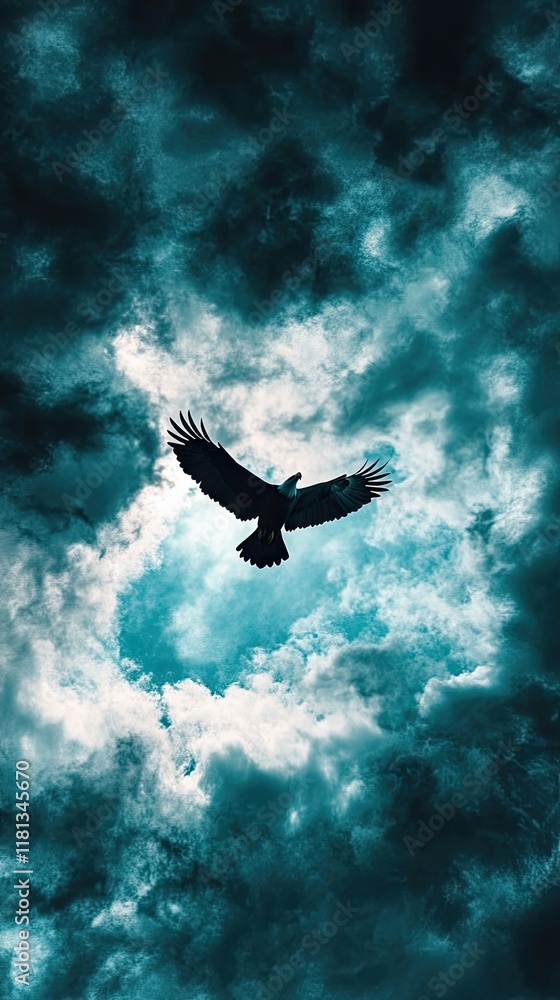 Fototapeta premium A majestic bird soaring through dramatic clouds, symbolizing freedom and nature's beauty.