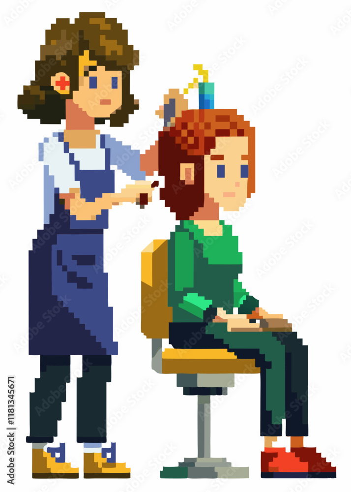Pixelated female barber cutting hair with scissors . Pixelated female barber cutting hair with scissors .