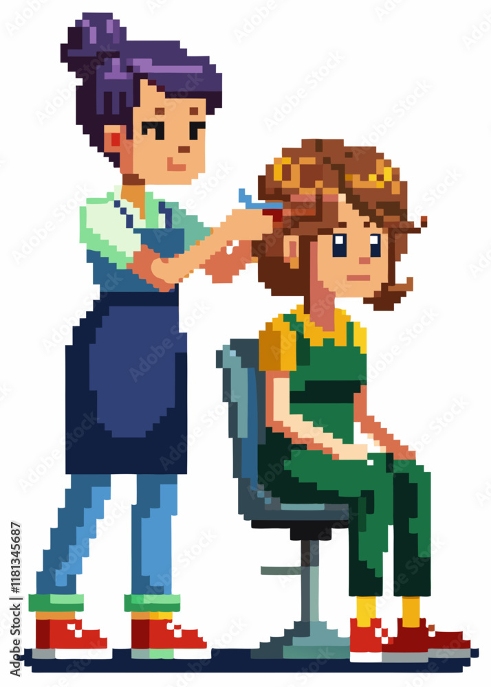 Pixelated female barber cutting hair with scissors . Pixelated female barber cutting hair with scissors .