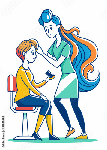Mnimalist female barber cutting hair with scissors . Mnimalist woman hairstylist offering modern haircut service