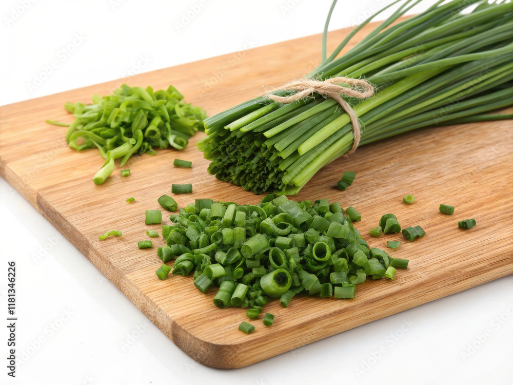 Fresh green chives on wooden cutting board, chopped and whole Fresh green chives on wooden cutting board, chopped and whole