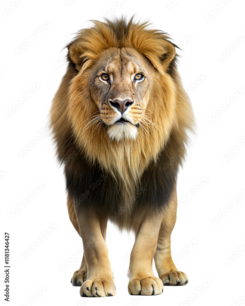 Majestic lion with a striking mane poses for a captivating close-up on a clean background Majestic lion with a striking mane poses for a captivating close-up on a clean background