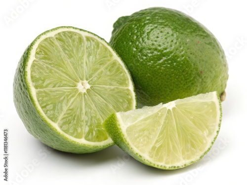 Fresh green lime halves and slices on white background