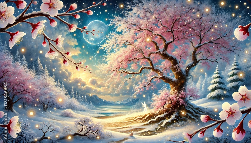 A Serene and Enchanting Horizontal Painting Depicting a Snowy Landscape Intertwined with Cherry Blossoms Under Moonlight A Serene and Enchanting Horizontal Painting Depicting a Snowy Landscape Intertwined with Cherry Blossoms Under Moonlight