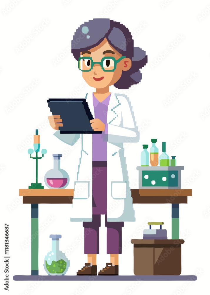 Pixelated Female scientist in a lab coat with test tubes.
Pixelated Female scientist in a lab coat with test tubes.