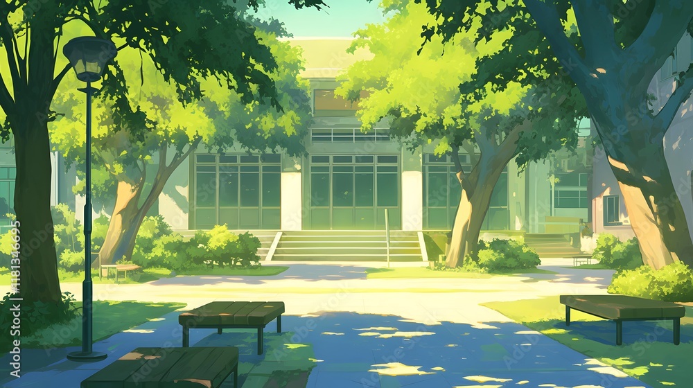 Quiet anime-inspired school courtyard, with trees and a small building, giving a calm atmosphere