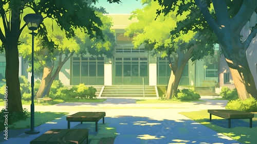 Obraz na płótnie Quiet anime-inspired school courtyard, with trees and a small building, giving a calm atmosphere w salonie