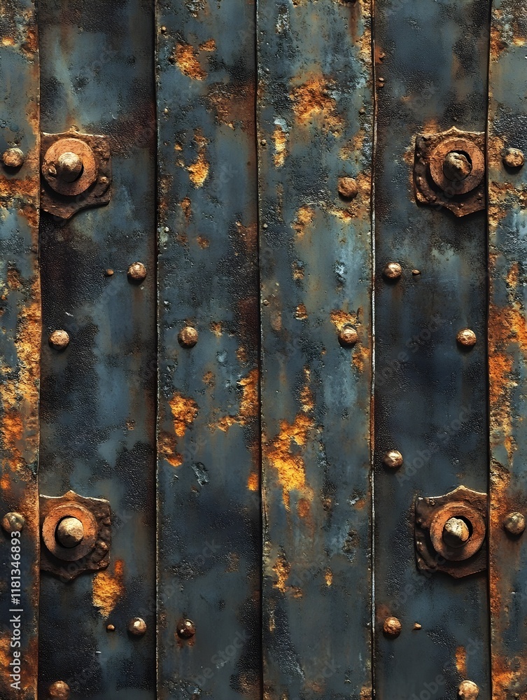 Fototapeta premium A texture of corrugated metal sheets with rust spots and dents. 