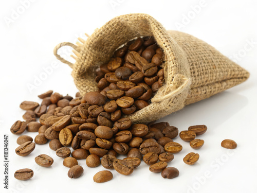 Freshly roasted coffee beans spilling from burlap sack, creating rich aroma