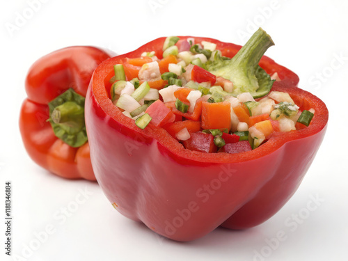 Fresh red bell pepper filled with colorful vegetables and herbs