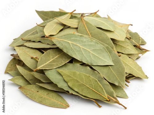 Dried bay leaves in pile, perfect for culinary use and flavoring dishes