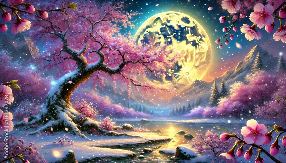Moonlit Fantasy: Snow and Cherry Blossoms in a Serene Magical Night Moonlit Fantasy: Snow and Cherry Blossoms in a Serene Magical Night