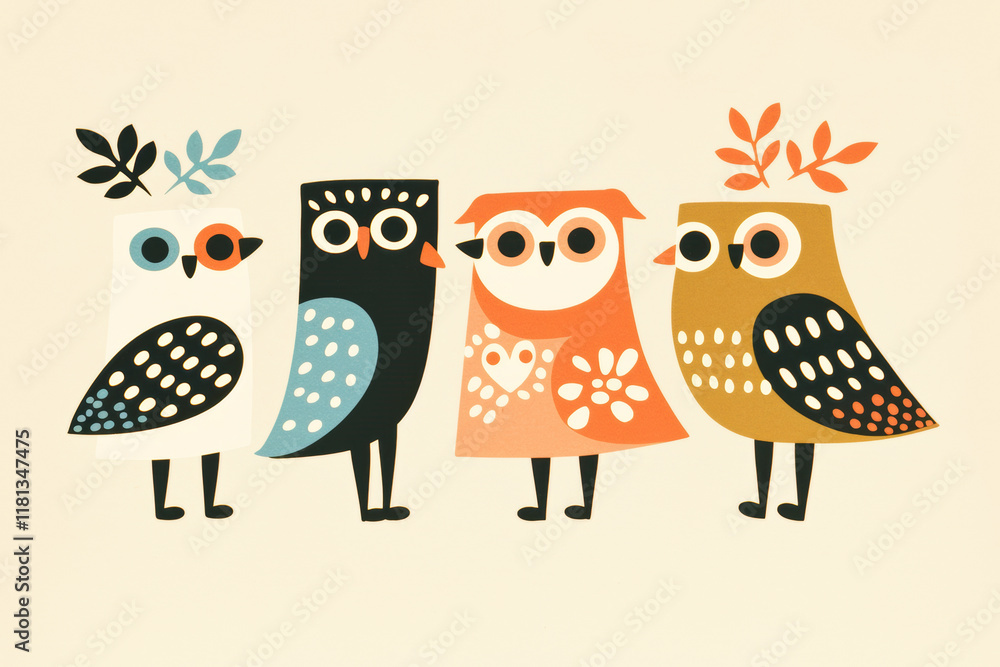 Obraz premium Colorful cartoon owls representing four seasons, each with unique features