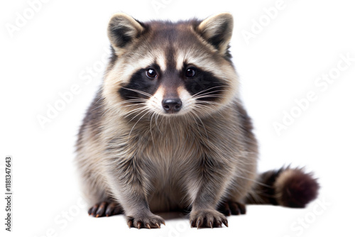 Raccoon in a neutral background displaying its curious expression and distinctive markings