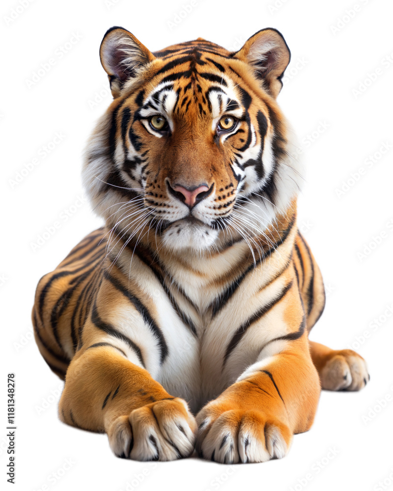 Fototapeta premium Majestic tiger gazing directly with intense eyes on a transparent background