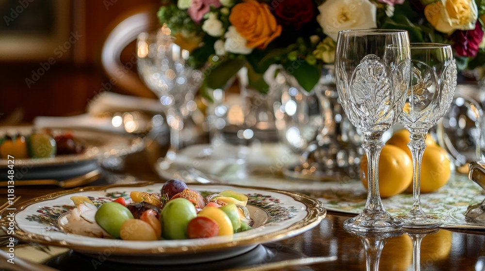 Naklejka premium Elegant table setting: fruit, glassware, floral centerpiece.