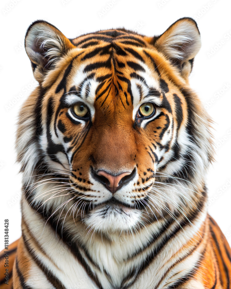 Fototapeta premium Majestic tiger gazing directly with intense eyes on a transparent background