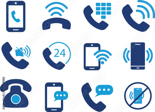 Phone Call icon set.Telephone call sign. Solid icons set collection. Containing mobile, calling, contact, message, communication, call, cellular, vibrate, and more

