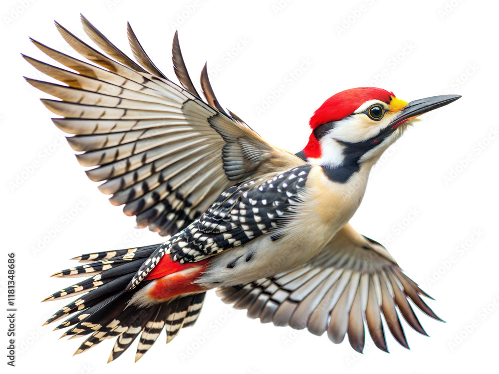 Naklejka premium Vibrant woodpecker in mid-flight showcasing its striking plumage and impressive wingspan