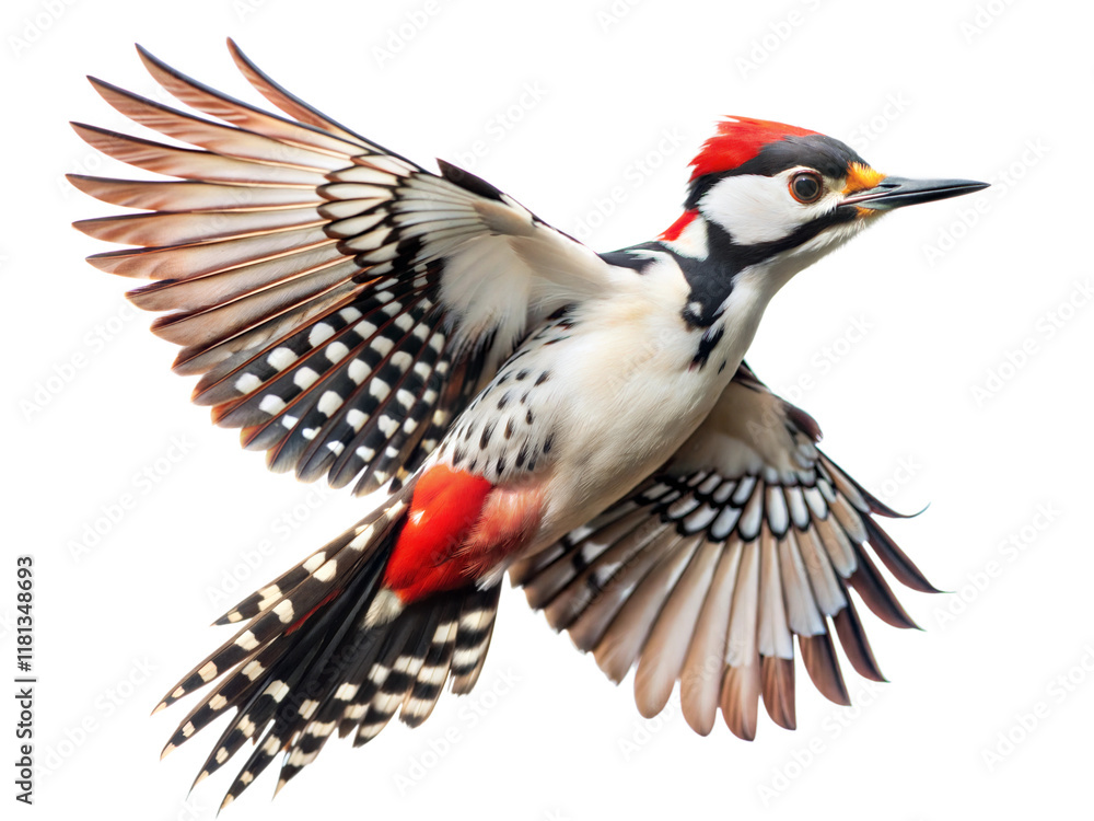Vibrant woodpecker in mid-flight showcasing its striking plumage and impressive wingspan Vibrant woodpecker in mid-flight showcasing its striking plumage and impressive wingspan