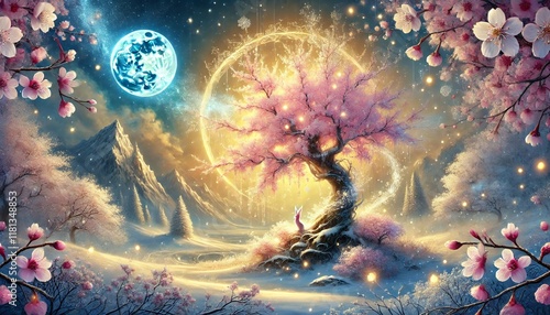 A serene fantasy landscape blending snow and cherry blossoms under a golden moonlight, showcasing a harmonious mix of winter and spring in soft pastel tones
