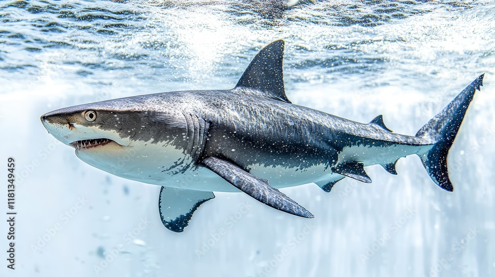 Fototapeta premium A powerful shark swims gracefully underwater, its sleek body and sharp teeth visible.