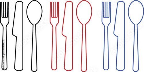 Fork, knife, spoon and plate set icons. Vector utensil illustration restaurant symbols. Cutlery and crockery sign