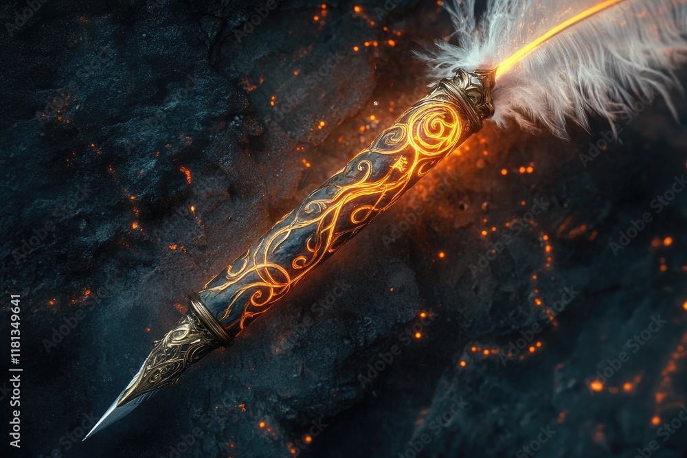 Naklejka premium Ornate Feather Quill Pen Glowing With Embers
